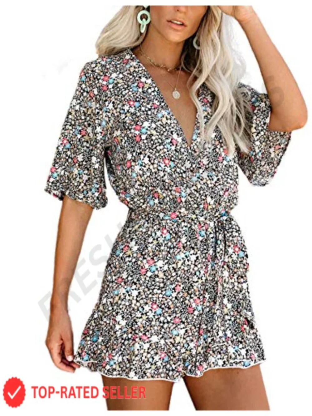 Floral Print V Neck Flared Half Sleeve Elastic Tie Waist Ruffle Casual Romper